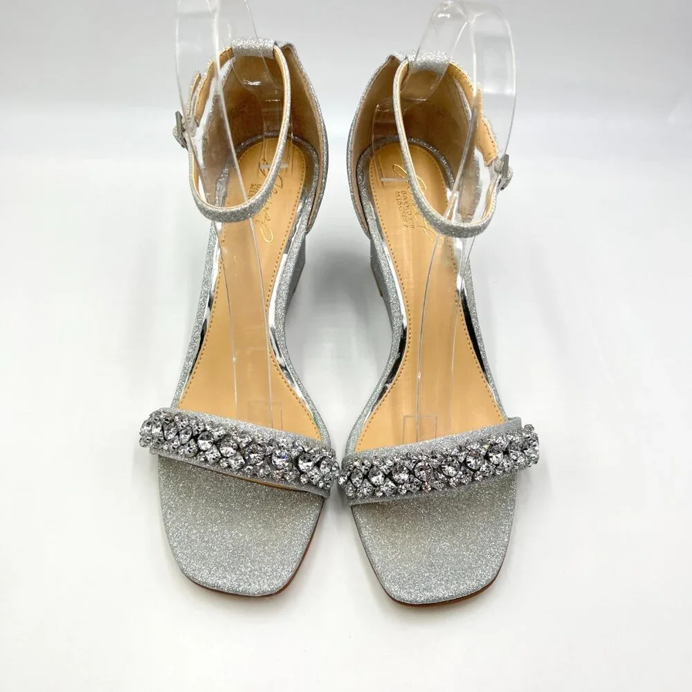 Jewel Badgley Mischka Size 9.5 Peggy Silver Jeweled Wedges Dress‎ Sandals Shoes